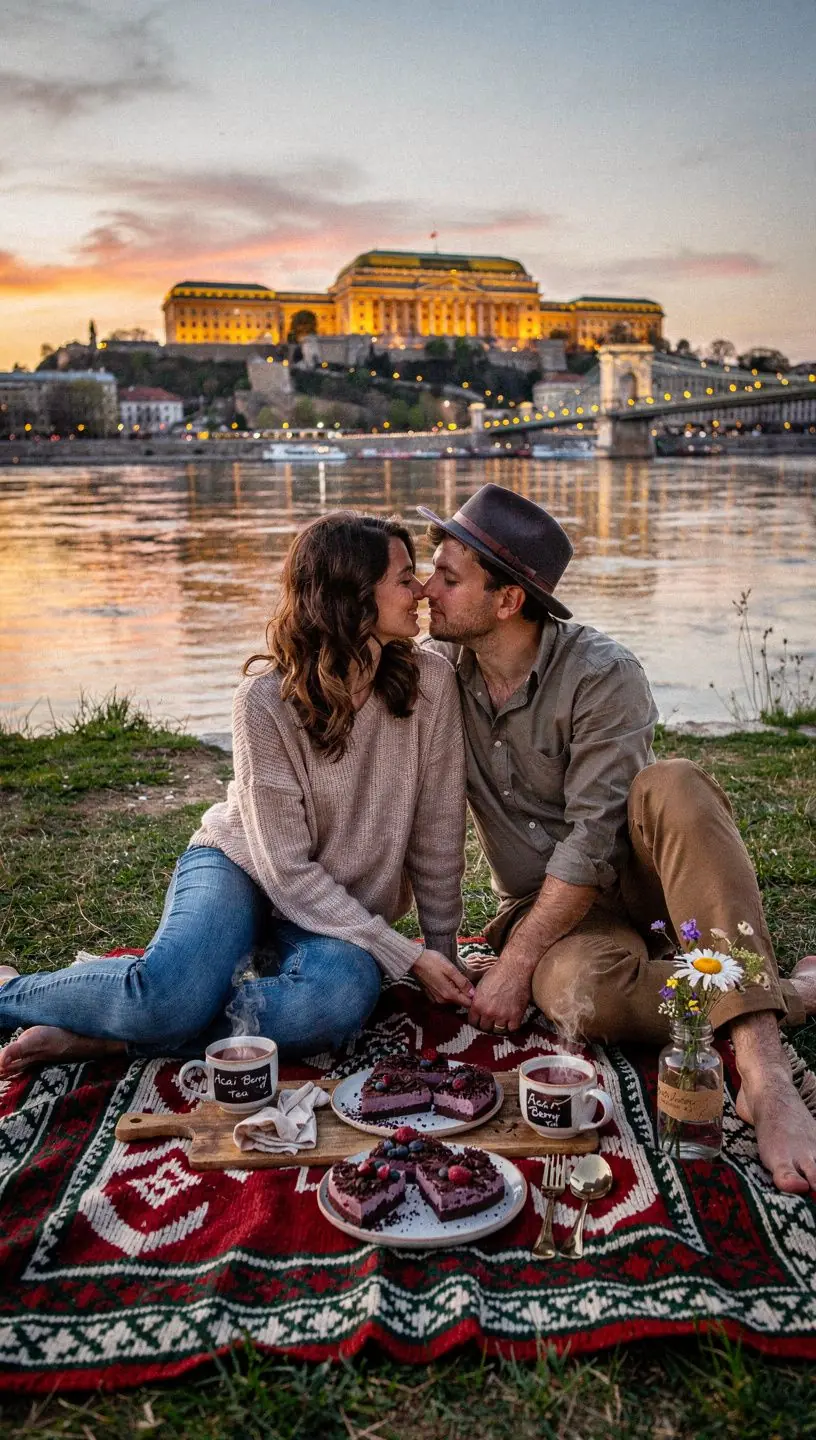 Acai bogyós tea csésze, mellette friss gyümölcsök és csokoládé darabok.