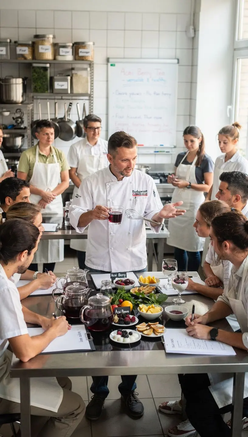 Teáskanál acai bogyós tea, háttérben egy csokoládés sütemény.