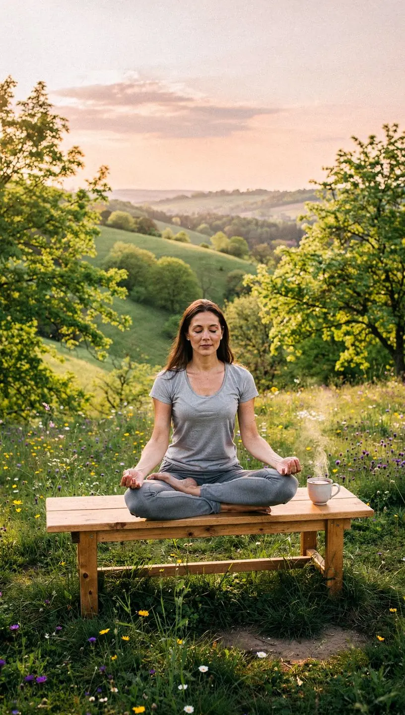 Egy pohár acai bogyós tea gőzölögve, háttérben természetes táj.
