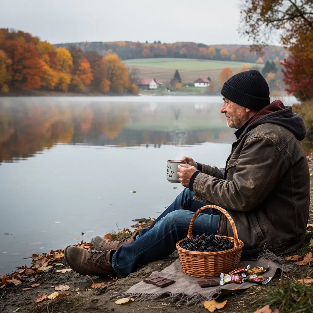 Acai bogyós tea csésze, mellett friss acai bogyók és csokoládé darabok.