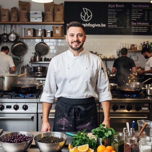 Acai bogyós tea csésze, mellette friss gyümölcsök és csokoládé darabok.